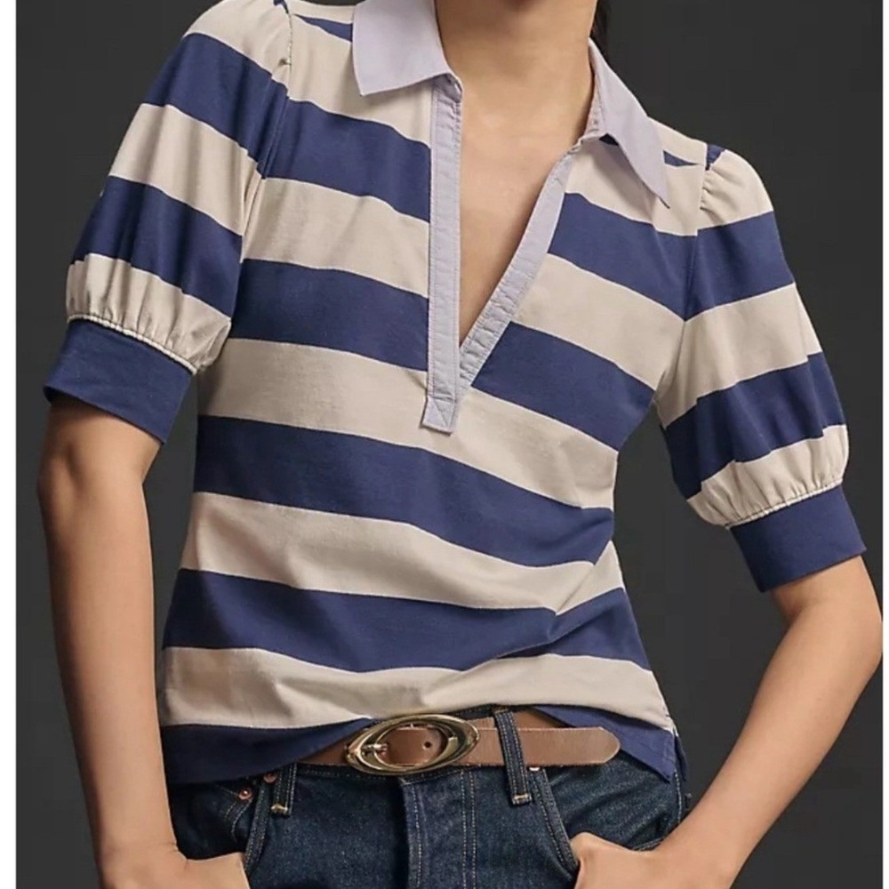 Maeve Anthropologie Navy White Striped Puff Sleeve V-Neck Polo Top MP